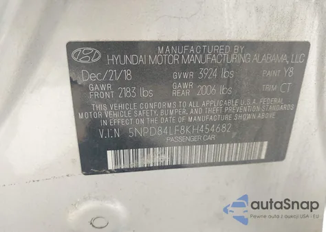 2019 Hyundai Elantra Sel z USA, uszkodzony, nr VIN 5NPD84LF8KH454682